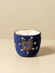 Set 2 lumânări decorative din sticlă și catifea albastră, brodate cu inimi și stele aurii, finisaj catifelat, 12 x 13 cm, „Nuit”