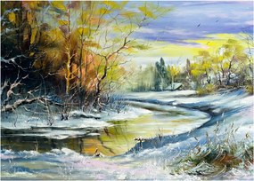 Tablou pe sticlă - Râu de iarnă, pictură în ulei (70x50 cm)