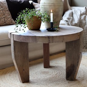 Măsuță de cafea rotundă din lemn reciclat, natur, cu 3 picioare masive și aspect rustic, finisaj mat, 48 x 72 cm, „Grimaud”