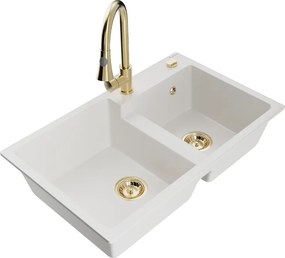 Mexen Tomas chiuvetă de granit cu 2 compartimente și baterie de bucătărie Elia, alb - 6516-20-670101-50