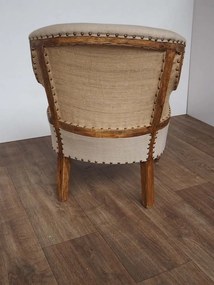 Fotoliu bej clasic din in, capitonat, cu nituri decorative și picioare strunjite din lemn de mango, 60×70×85 cm, „Valbelle”