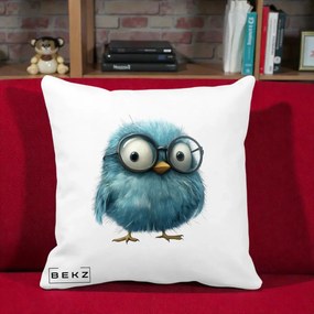 Perna Decorativa Pui Pufos Teal cu Ochelari, 40x40 cm, Alba Mata, Husa Detasabila, Perna Inclusa, BEKZ®