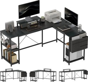 HOMCOM Birou de colț modular reversibil 168-240 cm stil industrial - raft reglabil, pungă de depozitare, suport pentru ecran | Aosom Romania