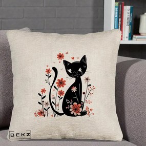 Perna Decorativa Pisica Neagra Flori Roz si Inimi, 40x40 cm, Bej Canapea, Husa Detasabila, Perna Inclusa, BEKZ®