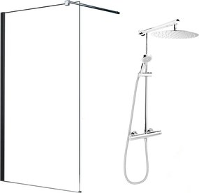 Pachet paravan dus Walk-In Fluminia Black crom 100x200 cm si coloana de dus FDesign Anima crom