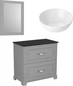 Set dulap baza pe pardoseala Krofam Oxford gri 80 cm blat negru cu lavoar si oglinda