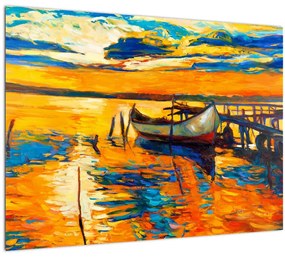 Tablou pe sticlă - Barca la apus de soare (70x50 cm)