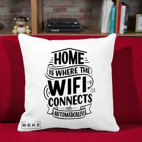 Perna Decorativa Home Is Where WiFi Connects, 40x40 cm, Alba Mata, Husa Detasabila, Perna Inclusa, BEKZ®