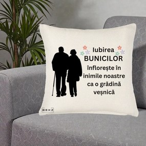 Cadou pentru Bunici - Perna Personalizata Bunicii Iubirea Infloreste Silueta Neagra Flori, 40x40 cm, Crem Reliefat, Husa Detasabila, Perna Inclusa, BEKZ®