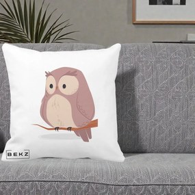 Perna Decorativa Bufnita Kawaii pe Creanga, 40x40 cm, Alba Mata, Husa Detasabila, Perna Inclusa, BEKZ®