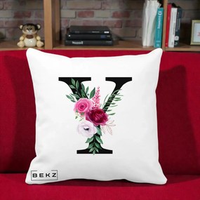 Cadou Personalizat - Perna Personalizata Monograma Florala Litera Y cu Buchet, 40x40 cm, Alba Mata, Husa Detasabila, Perna Inclusa, BEKZ®