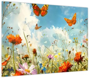 Tablou pe sticlă - Fluturi pe pajiștea de vară (70x50 cm)