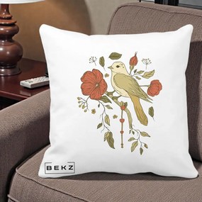 Perna Decorativa Pasare pe Ramura cu Maci, 40x40 cm, Alba Mata, Husa Detasabila, Perna Inclusa, BEKZ®