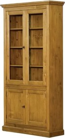 Bufet vitrină rustic din lemn masiv de pin, natur, cu 4 uși, dintre care 2 vitrate, și 3 rafturi, finisaj ceruit, 211 x 108 x 38 cm, „Country”