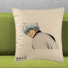 Perna Personalizata Gintama Gintoki Portret cu Zambet, 40x40 cm, Bej, Husa Detasabila, Perna Inclusa, BEKZ®