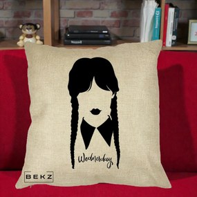 Perna Personalizata Wednesday Addams Silueta Alb-Negru, 40x40 cm, Crem, Husa Detasabila, Perna Inclusa, BEKZ®