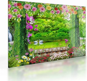 Tablou pe sticlă - Grădina magică cu lebede (70x50 cm)
