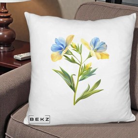 Perna Decorativa Botanica Frezie Galbena si Albastra, 40x40 cm, Alb Pufos, Husa Detasabila, Perna Inclusa, BEKZ®