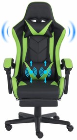 RESIGILAT- Scaun gaming, masaj în perna lombară, suport picioare, piele ecologica, Negru/Verde