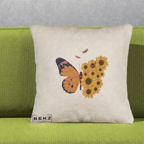 Perna Decorativa Fluture Floarea-Soarelui, 40x40 cm, Bej Canapea, Husa Detasabila, Perna Inclusa, BEKZ®