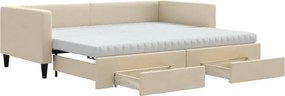 vidaXL Pat de zi cu extensie și sertare, crem, 90x200 cm, textil