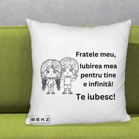 Cadou pentru Frate - Perna Personalizata Fratele Meu Te Iubesc Copii Anime Line Art Negru, 40x40 cm, Alb Pufos, Husa Detasabila, Perna Inclusa, BEKZ®