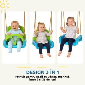 Outsunny Leagăn pentru Copii 3 în 1 pentru Interior și Exterior, Leagăn de Grădină pentru Bebeluși și Copii 9-36 Luni, Frânghie Reglabilă 120-180 cm și Centură de Siguranță, 42x33x120-180 cm, Verde | Aosom Romania