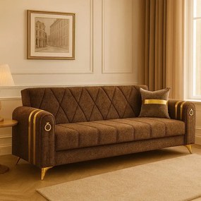 Canapea extensibila cu lada de depozitare 220x87x93 cm, maro si detalii aurii – Camara