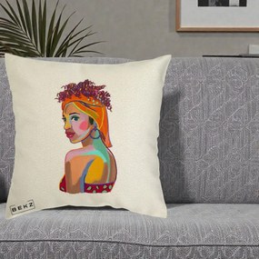 Perna Decorativa Portret Femeie Colorat Pop Art, 40x40 cm, Ecru, Husa Detasabila, Perna Inclusa, BEKZ®