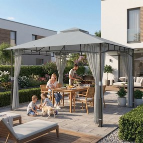 Outsunny Cort pentru Grădină cu Acoperiș Dublu Foișor cu Pereți din Plasă UPF50+ pentru Exterior Terasă 360x300x275 cm Gri | Aosom Romania