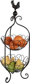 Suport decorativ cu două coșuri, negru, din metal, cu decorațiune cocoș, Ø 26x72 cm