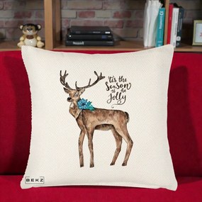Perna Decorativa Ren Tis the Season to be Jolly, 40x40 cm, Crem Reliefat, Husa Detasabila, Perna Inclusa, BEKZ®