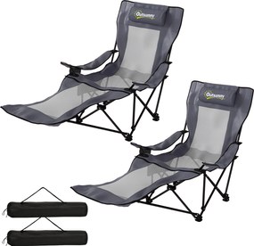 Outsunny Set de 2 scaune camping pliabile, scaun pescuit cu spătar reglabil, suport picioare, suport băuturi, pernă cap, Gri închis | Aosom Romania