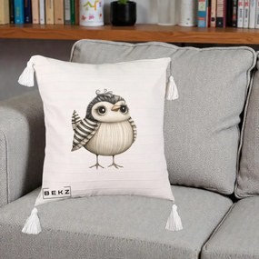 Perna Decorativa Pui Elegant Alb-Negru, 40x40 cm, Bej cu Franjuri, Husa Detasabila, Perna Inclusa, BEKZ®