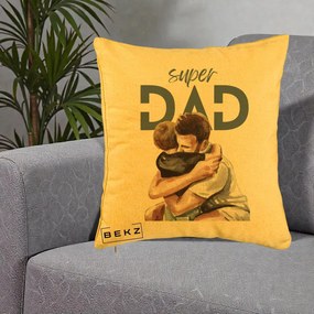 Cadou pentru Tata - Perna Personalizata Super Dad Tata si Fiu Imbratisare, 40x40 cm, Galben, Husa Detasabila, Perna Inclusa, BEKZ®