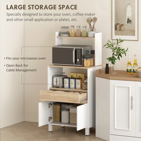 HOMCOM Dulap pentru Microunde din Lemn cu Raft, Blat Deschis, Sertar și Dulap, 60x40x131 cm, Alb | Aosom Romania