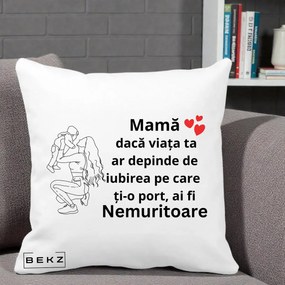 Cadou pentru Mama - Perna Personalizata Mama Nemuritoare Portret Graphic, 40x40 cm, Alba Mata, Husa Detasabila, Perna Inclusa, BEKZ®