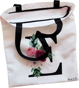 Sacosa de Panza pentru Cumparaturi, Geanta Tote, Cu litera E si Trandafiri, Cu fermoar, 38x34.5 cm, Alba, BEKZ®