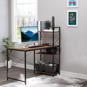 HOMCOM Birou de colț cu depozitare design industrial cu bibliotecă 3 rafturi panouri particulate aspect nuc metal negru | Aosom Romania