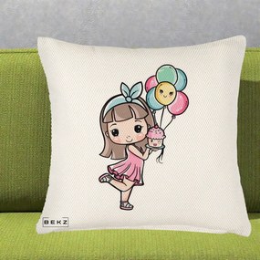 Perna Decorativa Fetita Kawaii cu Baloane si Cupcake, 40x40 cm, Crem Reliefat, Husa Detasabila, Perna Inclusa, BEKZ®