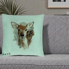 Perna Decorativa Caprioara Pui Acuarela, 40x40 cm, Verde Menta, Husa Detasabila, Perna Inclusa, BEKZ®