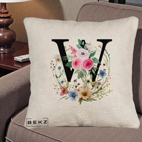 Cadou Personalizat - Perna Personalizata Monograma Florala Litera W, 40x40 cm, Bej Canapea, Husa Detasabila, Perna Inclusa, BEKZ®