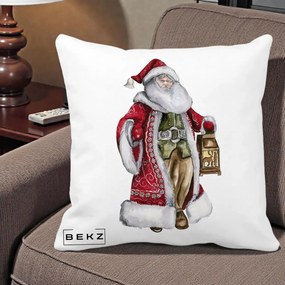 Perna Decorativa Mos Craciun Vintage cu Felinar, 40x40 cm, Alba Mata, Husa Detasabila, Perna Inclusa, BEKZ®