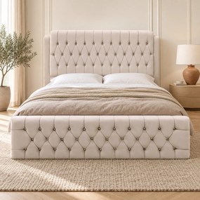 Pat tapițat Chesterfield din catifea Aveline Deluxe 180×200 cm, crem, cu ladă de depozitare