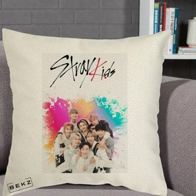 Perna Personalizata K-pop Stray Kids cu Splash Multicolor, 40x40 cm, Ecru, Husa Detasabila, Perna Inclusa, BEKZ®