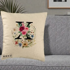 Cadou Personalizat - Perna Personalizata Monograma Florala Litera X cu Coroana, 40x40 cm, Bej, Husa Detasabila, Perna Inclusa, BEKZ®
