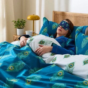 Lenjerie de pat albă/albastru-verde din bumbac pentru pat dublu-extinsă 230x220 cm Peacock Feather – Their Nibs