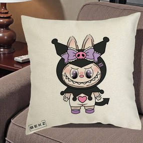 Perna Personalizata Labubu x Kuromi, 40x40 cm, Ecru, Husa Detasabila, Perna Inclusa, BEKZ®