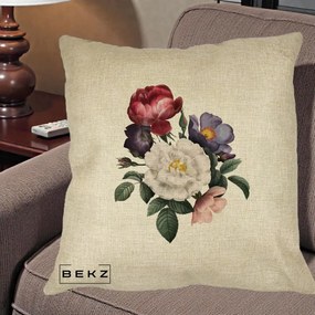 Perna Decorativa Buchet Trandafiri Bujori Botanical, 40x40 cm, Crem, Husa Detasabila, Perna Inclusa, BEKZ®