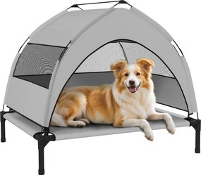 PawHut Pat pentru câini de exterior cu acoperiș, Pat înălțat pentru câini de talie medie, cu cadru din oțel, 76x61x70cm, Gri deschis | Aosom Romania